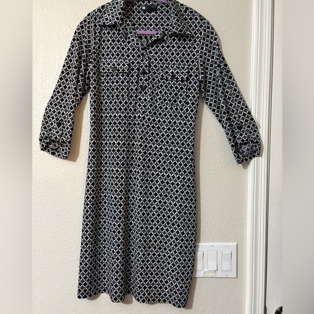 Carole Little Black White Patterned Stretchy Pull Over Dress Jersey Knit Travel